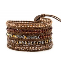 Brown & Champagne Stones on Brown Leather Wrap Bracelet